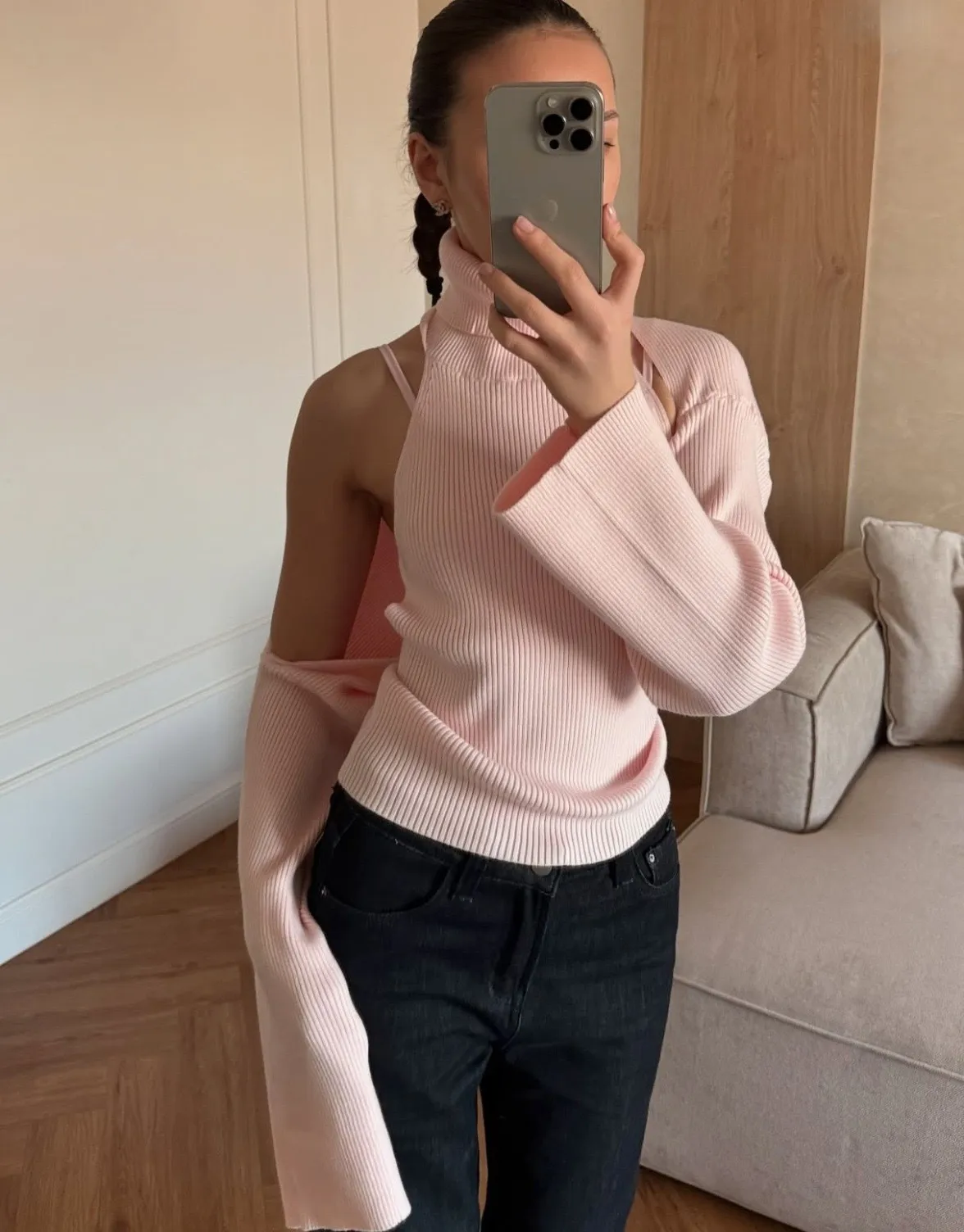 Long Sleeve Acrylic Sweater with Turtleneck, Knitted Craft, Regular Sleeve, 2 Pieces Set