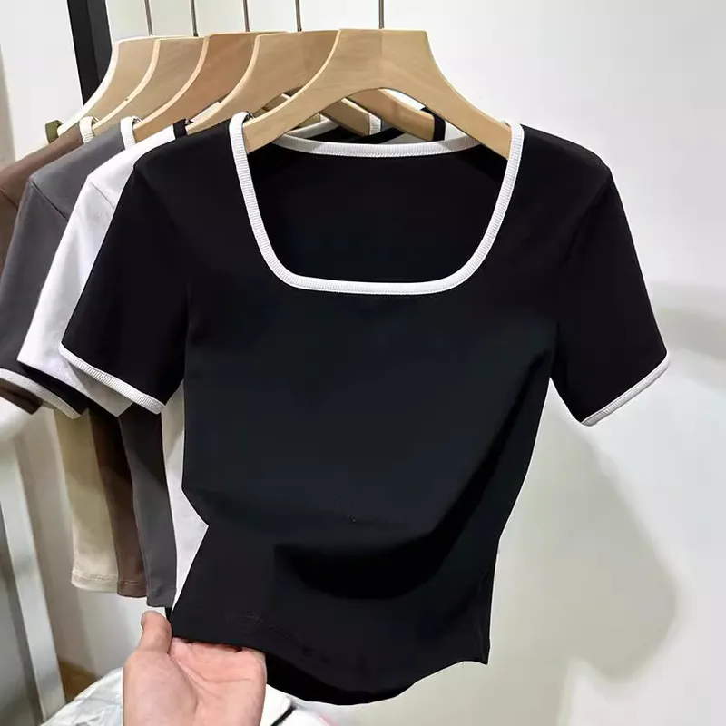 Women's Slim Fit Short Sleeve Square Neck Polyester Casual T-Shirt with Side Stripe