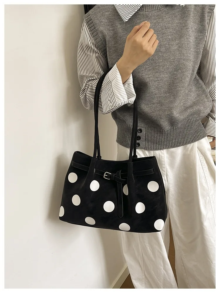 Women’s Square Tote Bag Featuring Polka Dots and Sewing Thread Detail, Made of PU Leather, Ideal for Autumn