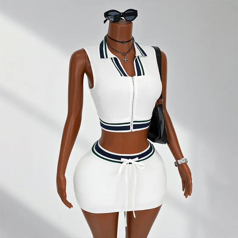 Casual Solid Color Skirt Co-ord Set in Polyester Featuring Rib-Knit Craftsmanship with Tie Closure and Shirt Collar